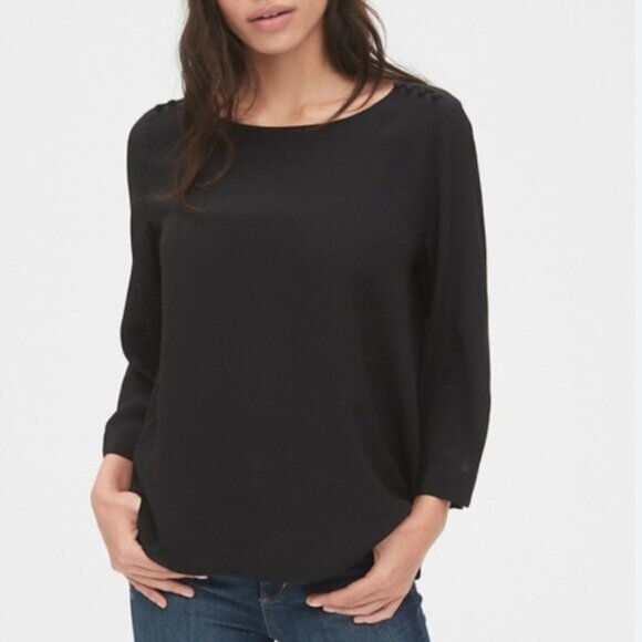 GAP Button-Shoulder Boatneck Top Light Flowy High Low Hem Blouse Black Sz L - Picture 1 of 14